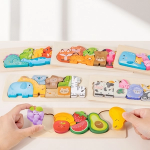 6-pack wooden educational puzzles for toddlers with animals and fruit cartoon designs