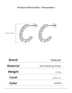 Vue détaillée des boucles d'oreilles C en argent s925 avec guide des tailles de 16mm