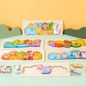 Educational 3D wooden animal and fruit puzzle blocks for toddler early learning