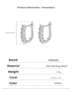 Detailed specs of S925 sterling silver hoop earrings with 16mm height and 0.10ct stones