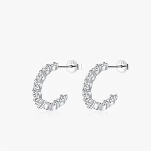 Boucles d'Oreilles Clous en Argent Sterling 925 Moissanite Forme de C Couleur D VVS1 Élégantes Demi-Créoles Bijoux Cadeau