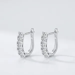 925 Sterling Silver Moissanite Hoop Earrings Elegant French Style U Shaped Row Setting Earrings For Women Jewelry Gift