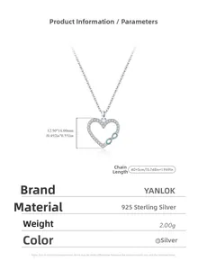 Macro detail of S925 silver infinity heart necklace with zircon inlay and product specs
