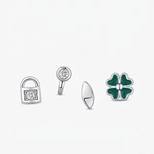 Set di Orecchini a Bottone in Argento Sterling 925 Quadrifoglio Portafortuna Chiave Lucchetto Foglia Zirconia Smalto Verde Gioielli Ipoallergenici da Donna