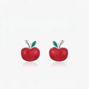 Süße S925 Sterlingsilber Rote Apfel Ohrstecker Für Damen Wald Stil Grüne Blätter Emaille Frucht Ohrringe Weihnachten Schmuck Geschenk