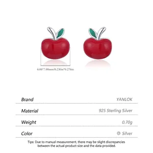 S925 Sterling Silber Apfel-Ohrstecker in Rot mit grünem Blatt und Größenangaben