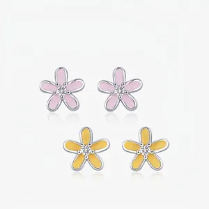 Orecchini a Bottone in Argento Sterling S925 a Forma di Fiore per Donna Eleganti Orecchini con Petali Floreali in Zirconia Rosa Giallo