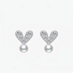 Sweet Heart Artificial Pearl Stud Earrings With 925 Sterling Silver Earring Post French Chic Style Zircon Jewelry For Women
