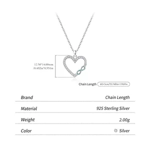 S925 sterling silver infinity heart necklace with sparkling crystals on white background