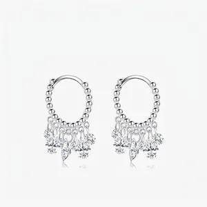 925 Sterling Silver Pave Rhinestone Hoop Earrings Ethnic Vintage Luxurious Round Bead Tassel Dangle Earrings For Women Jewelry