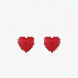 S925 Sterling Silver Red Heart Stud Earrings For Women Sweet Small Simple Enamel Heart Ear Studs Minimalist Jewelry Gift
