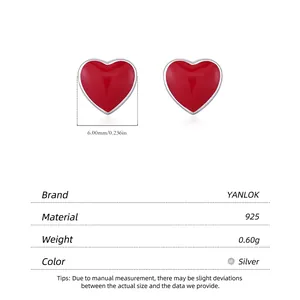Minimalist S925 sterling silver red heart stud earrings with 6mm width dimensions