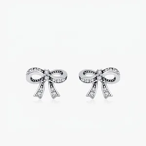 Vintage 925 Sterling Silver Bowknot Stud Earrings For Women Exquisite Zirconia Inlaid Ribbon Knot Elegant Retro Japanese Style Jewelry