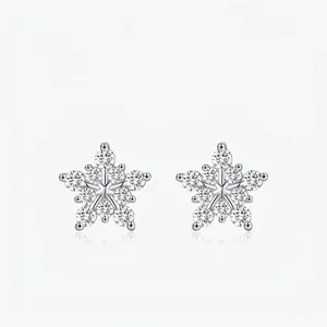 925 Sterling Silver Moissanite Snowflake Stud Earrings D Color VVS1 Full Rhinestone Sparkly Winter Jewelry For Women