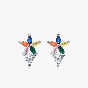 925 Sterling Silver Rainbow Flower Stud Earrings Colorful Zirconia Inlaid Geometric Exquisite Fine Jewelry For Women Gift