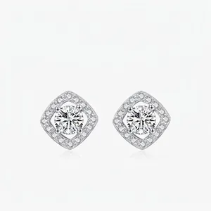 925 Sterling Silver Square Zirconia Halo Stud Earrings For Women Brilliant Geometric Business Style Commute Jewelry Gift