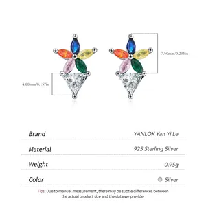 Exquisite S925 sterling silver rainbow flower stud earrings with colorful zircon stones