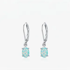 Elegant S925 Sterling Silver Oval Artificial Opal Lever-back Earrings For Women Korean Style Four-Prong Dangling Jewelry Gift