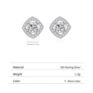 Sparkling 925 sterling silver square stud earrings with central 4mm zircon stone for women