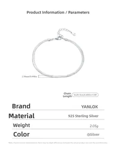 Detail of 2.5mm S925 sterling silver flat snake chain bracelet with size measurements
