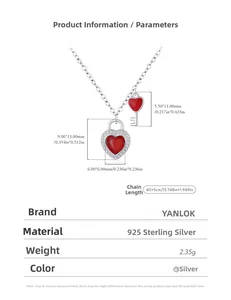 Detailed view of S925 sterling silver heart lock necklace with dimensions and red stone