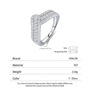 V-shaped 925 sterling silver ring with emerald cut and round pave-set cubic zirconia