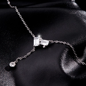 Elegant S925 silver Y-necklace with emerald-cut zircon pendants on black leather