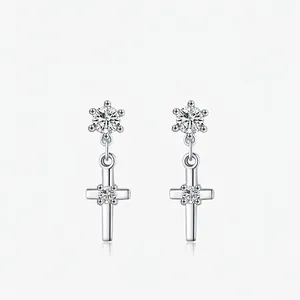 925 Sterling Silver Cross Drop Earrings For Women Elegant Minimalist Zirconia Inlaid Dangle Earrings Fashion Jewelry Gift