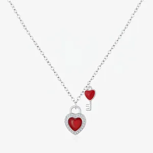 S925 Sterling Silver Red Heart Lock And Key Pendant Necklace For Women Romantic Jewelry With Zirconia Embellishment