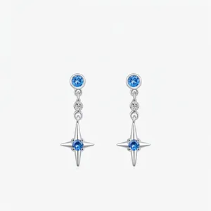 Elegant 925 Silver Star Dangle Earrings With Blue Sparkling Rhinestone Compass Star Drops For Women Fashion Jewelry