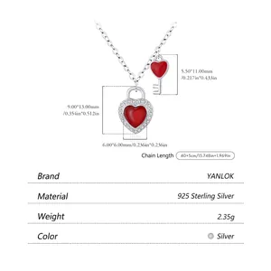 S925 Sterling Silver Romantic Red Heart Lock and Key Pendant Necklace for Women