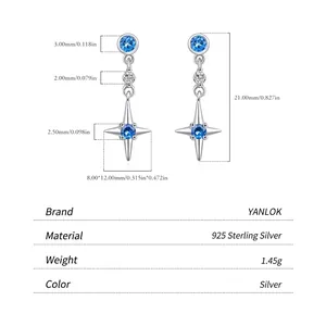 Exquisite S925 sterling silver star earrings with blue crystals and size dimensions