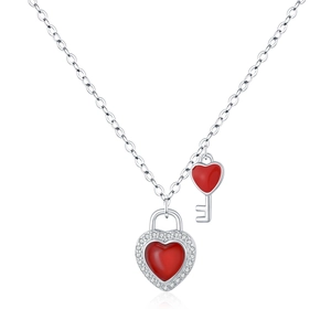 S925 sterling silver necklace with a sparkling red heart lock and matching key pendant