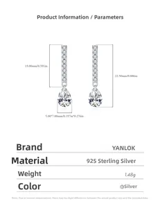 Vue détaillée de boucles d'oreilles goutte en argent S925 avec zircons et dimensions