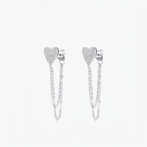 Boucles d'Oreilles Pendantes Cœur en Argent Sterling 925 Zirconia Étincelant Longue Chaîne Franges Bijoux Mode pour Femmes Cadeau