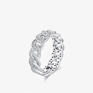 Punk Style 925 Sterling Silver Cuban Link Chain Ring For Women Cubic Zirconia Pave Statement Ring Fashion Jewelry Gift