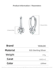 Detail view of 925 sterling silver hoop earrings with 1 carat round moissanite studs