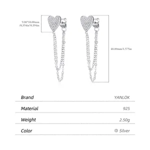 Boucles d'oreilles pendantes en argent 925 avec cœurs brillants et doubles chaînes longues