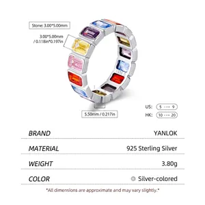 S925 sterling silver ring with colorful rectangular zircons and 5.5mm band width