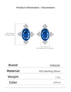 Detail view of oval blue sapphire stud earrings with white diamond accents in 925 silver