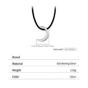 Minimalist s925 sterling silver moon pendant with adjustable black cord long sweater necklace