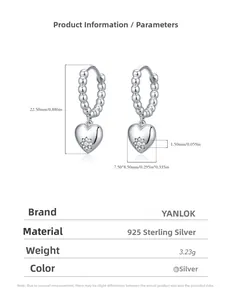 Detailed size specifications for S925 sterling silver heart earrings with sparkling diamonds