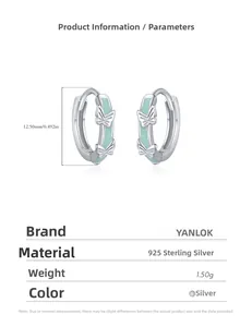Detailed view of S925 sterling silver hoop earrings with mint green enamel butterfly