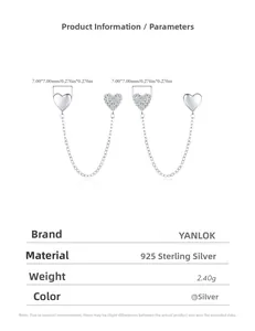 Detail view showing 7mm asymmetric silver heart drop earrings with sparkling pavé stones