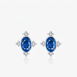 Vintage 925 Sterling Silver Royal Blue Oval Zirconia Stud Earrings For Women Exquisite Rhinestone Inlaid Fashion Jewelry Accessory