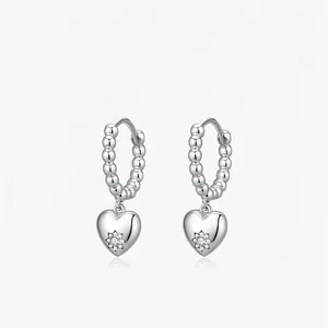 925 Sterling Silver Heart Pendant Hoop Earrings For Women Korean Style Beaded Circle Rhinestone Inlaid Fashion Jewelry