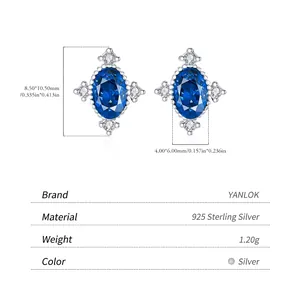 Vintage oval blue sapphire S925 silver stud earrings with cluster diamonds for women