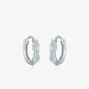 925 Sterling Silver Butterfly Hoop Earrings For Women Mint Green Enamel Animal Shape Delicate Jewelry Fresh Sweet Style Gift