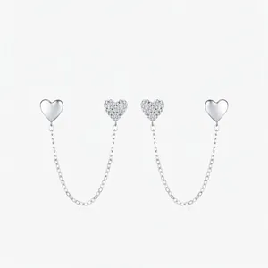 925 Sterling Silver Elegant Asymmetrical Heart Long Chain Earrings Zirconia Inlaid Jewelry For Women Minimalist Style