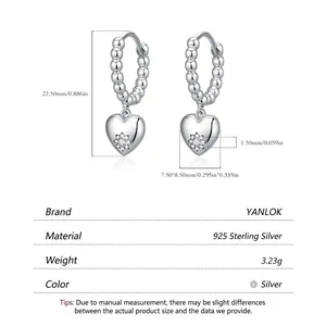 S925 sterling silver hoop earrings with heart-shaped diamond pendant and measurements